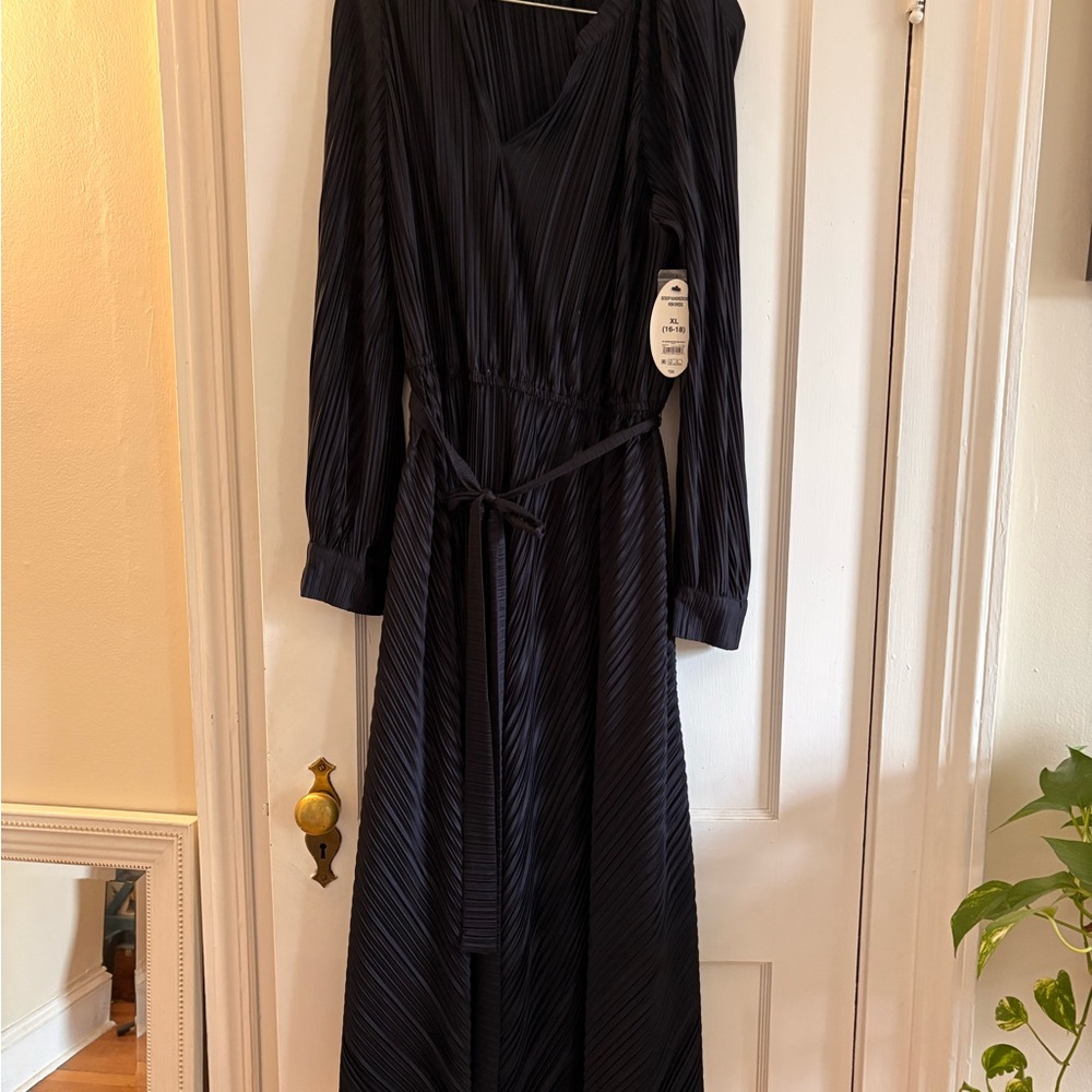 Long Sleeve Black Wrap Maxi Dress with Waist Tie